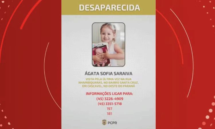 CASCAVEL: Polícia divulga novo cartaz para auxiliar nas buscas por menina de 3 anos que estava com família acolhedora e desapareceu.