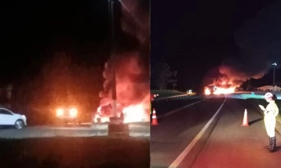 COLISÃO ENTRE DOIS CAMINHÕES PROVOCA INCÊNDIO E INTERDITA TOTALMENTE A BR-277