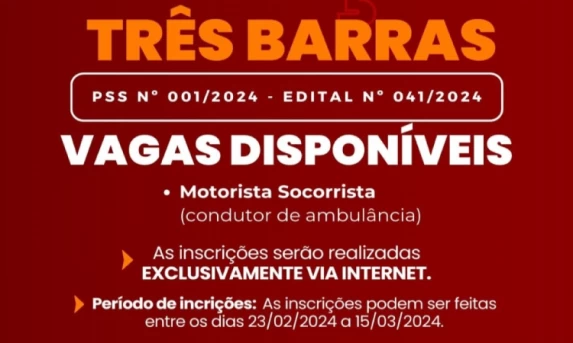 TRÊS BARRAS DO PARANÁ: CONSAMU abre inscrições para motorista socorrista