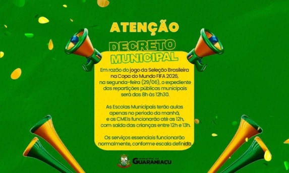 Guaraniaçu decreta ponto facultativo na segunda-feira devido ao jogo da Seleção Brasileira na Copa do Mundo
