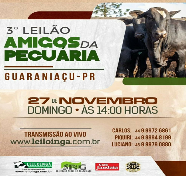 GUARANIAÇU: Sociedade Rural realiza neste próximo domingo, seu 3° Leilão Amigos da Pecuária.