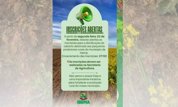 Ibema abre inscrições para distribuição de calcário a pequenos produtores rurais