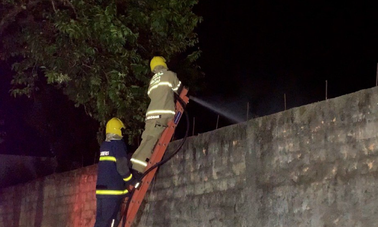 Incêndio em pátio de empresa assusta vizinhos e mobiliza Corpo de Bombeiros.