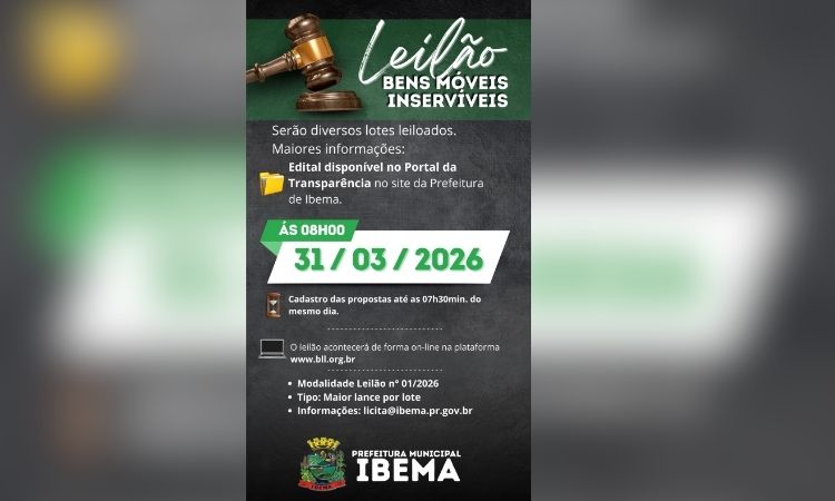 Prefeitura de Ibema realizará leilão online de bens móveis inservíveis