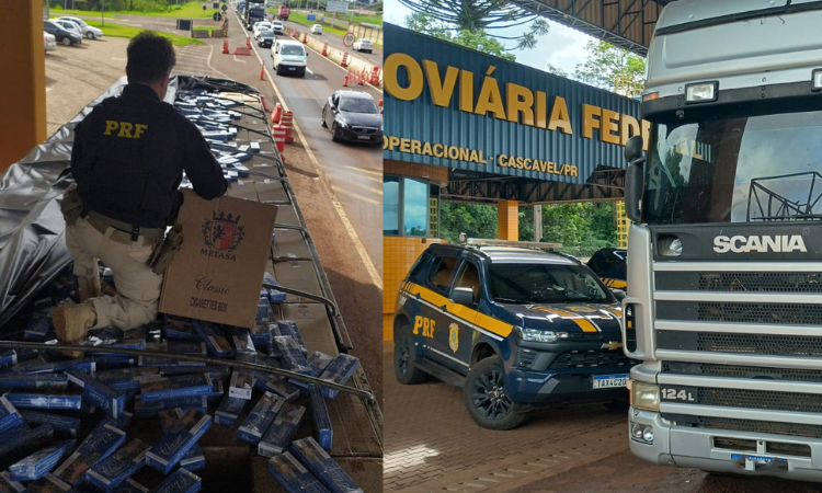PRF apreende carreta de cigarros na BR-277, em Cascavel