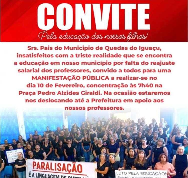 QUEDAS DO IGUAÇU: Sem aulas, pais farão protesto em apoio aos professores em greve.