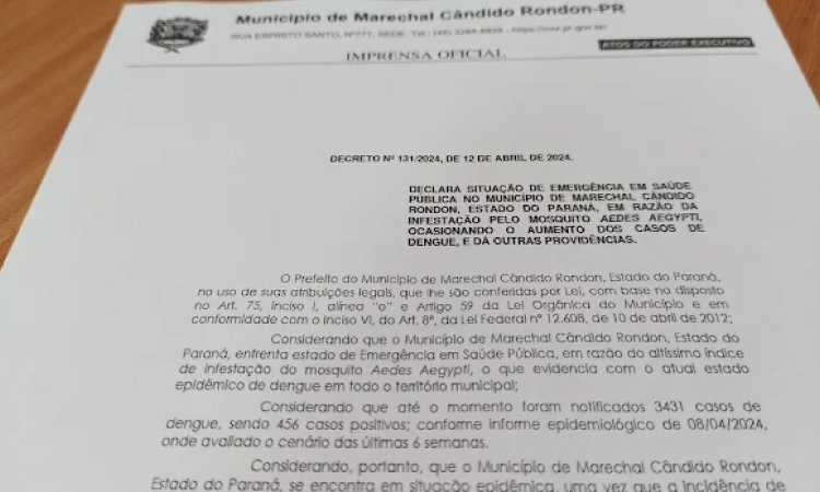 Situação de emergência em saúde pública é decretada em Marechal Rondon.