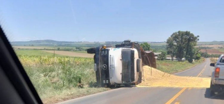 TRÂNSITO: Caminhão carregado de soja tomba na PR 495, em Missal.