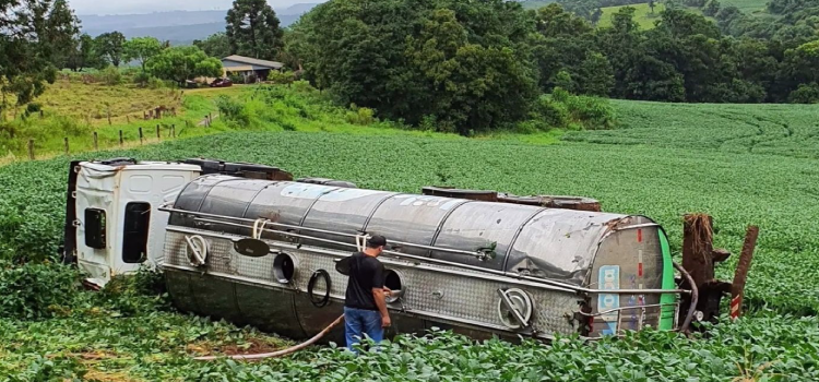 TRÂNSITO: Caminhão do transporte de leite tomba no interior de Coronel Vivida.