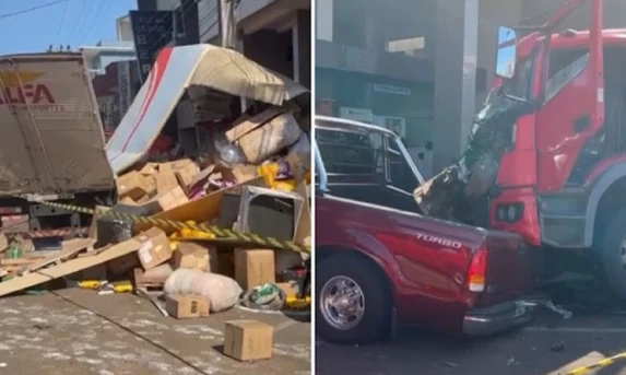 TRÂNSITO: Caminhão sem freio causa destruição no centro de Coronel Vivida.