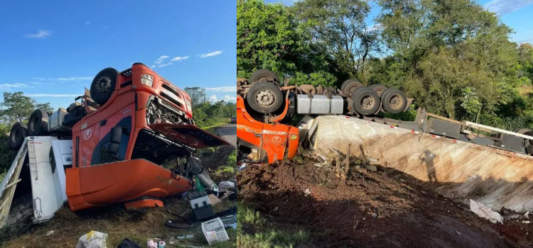 TRÂNSITO: Carreta carregada de frango capota na BR-163; condutora ficou ferida.