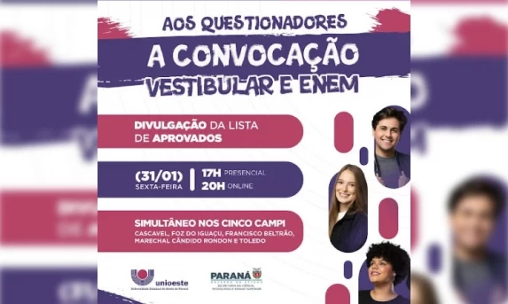 Unioeste divulga nesta sexta-feira (31) lista dos aprovados do Vestibular e Enem.