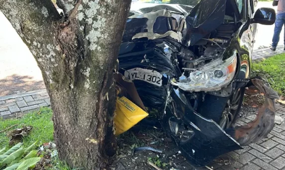 Veículo bate contra árvore no bairro Maria Luiza em Cascavel.